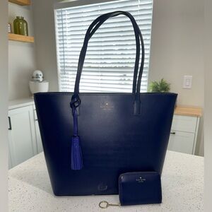 Kate Spade Navy Leather Tote with Tassel and Matching Wallet